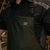 up close look at the No Sweat Stormgear Waterproof Dairy Apron highlighting the quality and logo