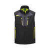 Front view of the Portwest DX4 Softshell Gilet in Black and grey with a yellow trim