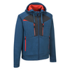 Front view of the Portwest DX4 Zipped Hoodie in a blue color with an orange trim 